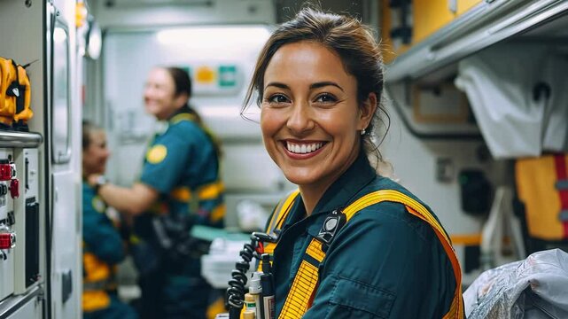 A smiling paramedic stands inside an ambulance, ready to help