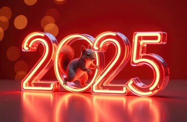 Number (digit) 2025 represents the happy year 2025 in a minimalistic style, digits 3D rendered from glass elements, warm neon light inside the digits. Numbers on red background, festive bokeh in blur