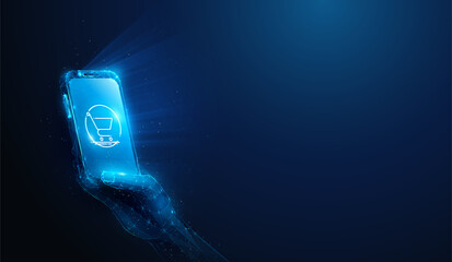 Naklejka premium Abstract illustration of online shopping app smartphone in hand in low poly style. Blue geometric background depicting online shopping store and e-commerce business concept by wireframe mesh