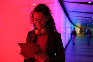 Young woman using tablet in neon tunnel with headphones around neck
