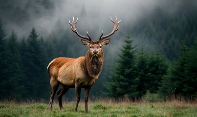 Fototapeta premium A majestic red deer stag with large antlers stands in a misty forest clearing, looking directly at the camera.