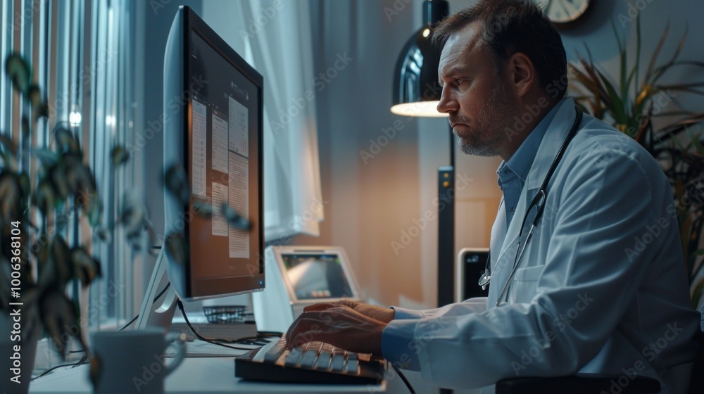 Poster A man in a white lab coat is typing on a computer