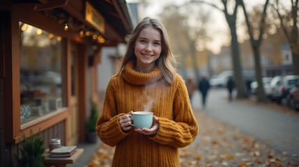 Woman enjoying hot coffee in autumn at outdoor kiosk