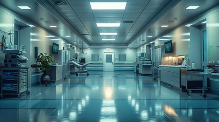 A hospital room with a large open space and a lot of medical equipment