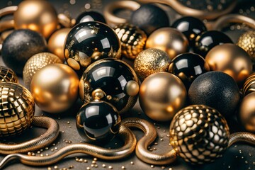Happy New Year 2025. A beautiful Christmas and New Year banner made of Christmas tree glass golden and black balls with metal elements in the form of a snake.