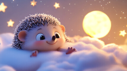 
A cute animated hedgehog peacefully sleeps on a fluffy cloud, with a serene sky in the background. Perfect for calm, dreamy scenes.