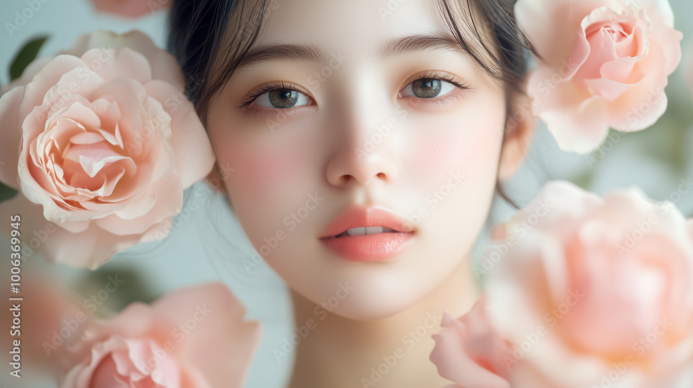 Poster 美肌の若くて可愛いアジア人女性の美容ポートレート。ピンク色の綺麗なバラに囲まれたビューティーショット。