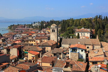 General view of the old town of Sirmione on the southern shore of Lake Garda, Province of Brescia, Lombardy, Italy