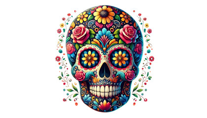 A vibrant sugar skull adorned with colorful floral patterns, representing the spirit of Día de los Muertos, celebrating life, death, and Mexican tradition. transperant background, generative ai