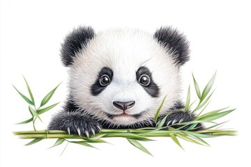 Curious Baby Panda Peeking from Bamboo Isolate - Pastel Painting on White Background