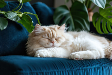 Fluffy Persian cat sleeping peacefully on deep blue sofa surrounded by lush green plants, creating serene and cozy atmosphere
