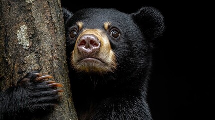 A close-up of a bear peering around a tree trunk.