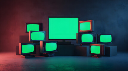 3d rendered stack of classical old televisions, aged green screen tv monitors, panorama vintage chrome key TVs, vintage minimal 3d style element cinematic red lighting composition dynamic scene