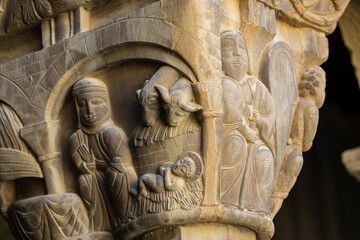 Capital depicting the birth of Jesus Christ, San Pedro el Viejo Monastery, Huesca, Aragon community, Spain