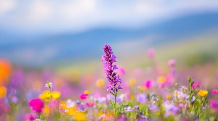 Fototapeta premium Close-up of a vibrant purple false saw wort wildflower blooming in a lush Israeli meadow, with a shallow depth of field.