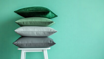 Obraz premium A stack of four decorative pillows in various shades of green, gray, and white, arranged on a white stool against a minty green wall.