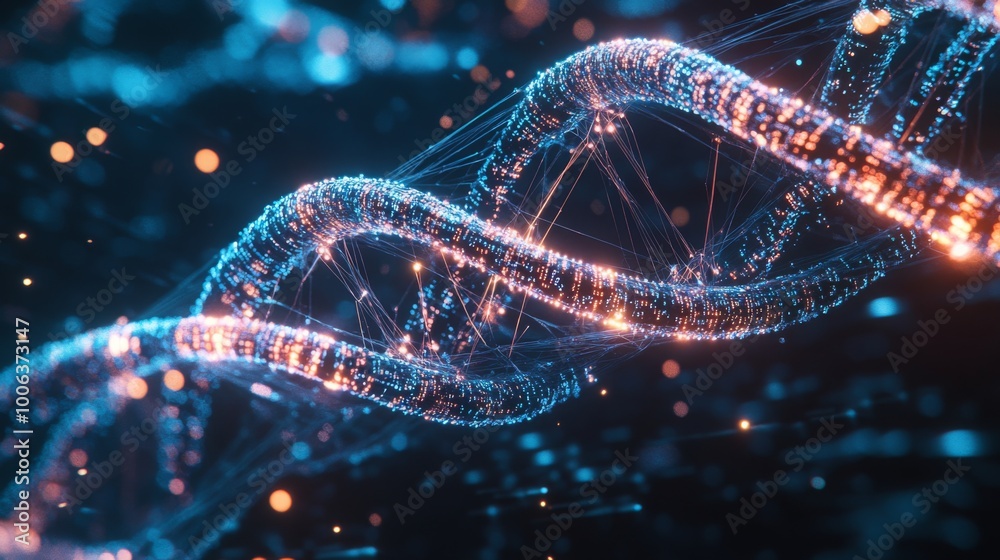Poster A vibrant digital representation of a DNA double helix, showcasing intricate details with glowing elements against a dark backdrop.
