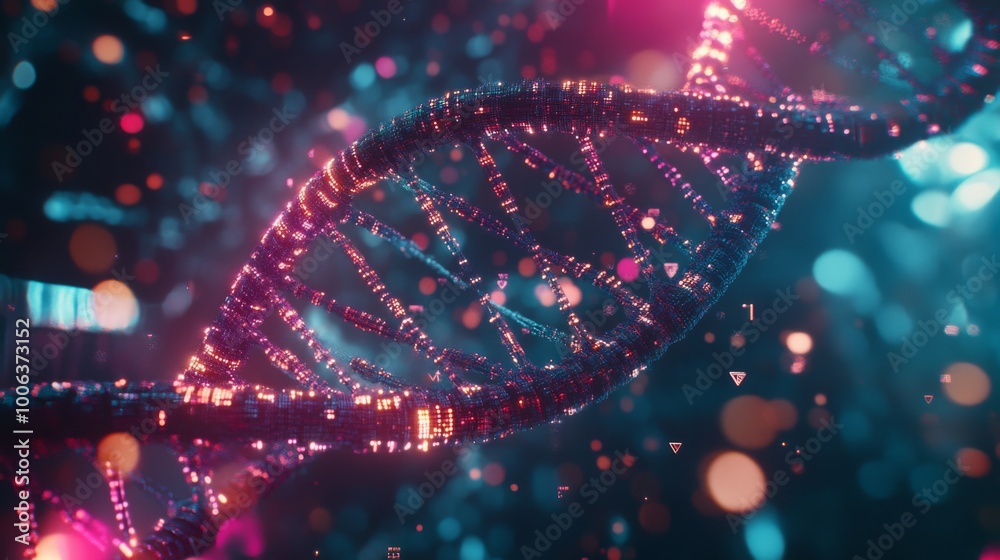 Poster a vibrant depiction of a dna double helix surrounded by colorful, luminous particles, representing t