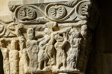descent from the cross, Romanesque capital in the cloister, San Pedro el Viejo Monastery, Huesca, Aragon community, Spain