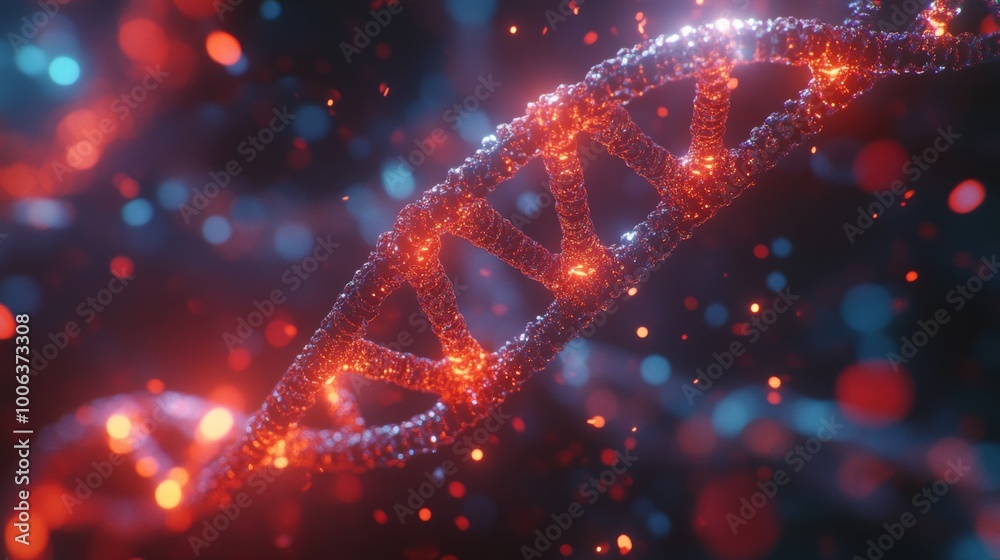 Poster a vibrant, abstract representation of a dna strand, highlighted with glowing particles in blue and r
