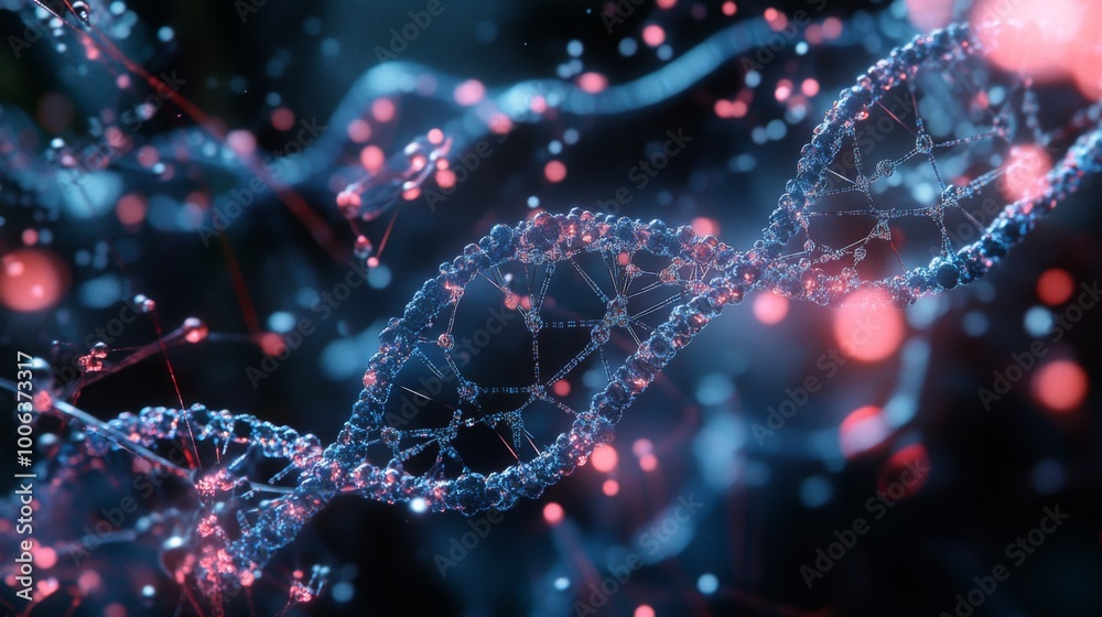 Poster a vibrant depiction of a dna double helix, showcasing intricate connections and glowing particles ag
