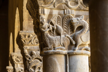 Combat between centaur and dragon, Romanesque capital in the cloister, San Pedro el Viejo Monastery, Huesca, Aragon community, Spain