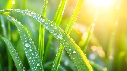 Naklejka premium Beautiful dew drops on the grass leaf, close-up, macro photography, green background