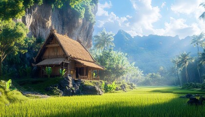 Obraz premium A traditional wooden hut with a thatched roof sits on a grassy hillside overlooking a valley of lush green rice paddies in a tropical jungle.