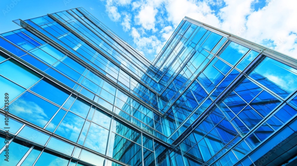 Poster a modern glass building reflecting the sky, showcasing innovative architecture and unique design ele