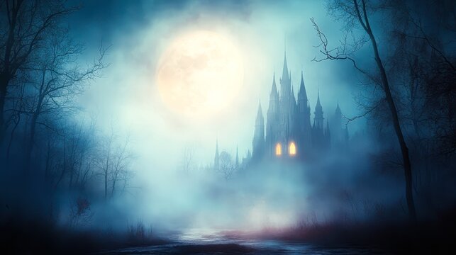 A mystical landscape featuring a dark castle illuminated by moonlight, surrounded by fog and barren trees, This atmospheric image is perfect for Halloween themes, literary illustrations