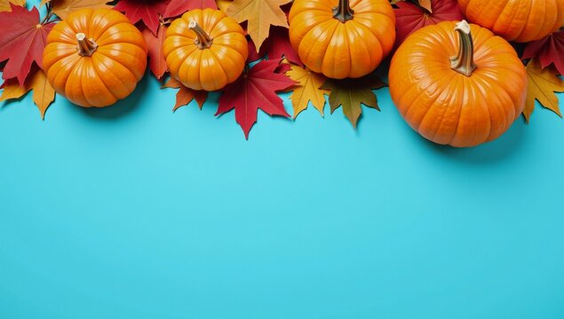 Autumnal scene featuring blue backdrop adorned with pumpkins and autumn leaves to convey Thanksgiving Day celebration vibe