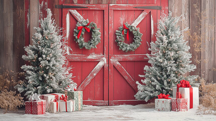 Red vintage rustic barn door, backdrop for photography, christmas trees with gifts and christmas decor