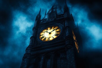 A towering clock tower looms against a dark, moody sky, illuminated by an eerie light, This image can enhance themes of time, mystery, or history in articles, blogs, and creative projects,