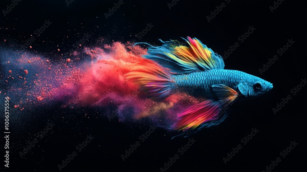 Poster A vibrant fish swims dynamically through a burst of colorful particles, creating a striking visual contrast against a dark background.