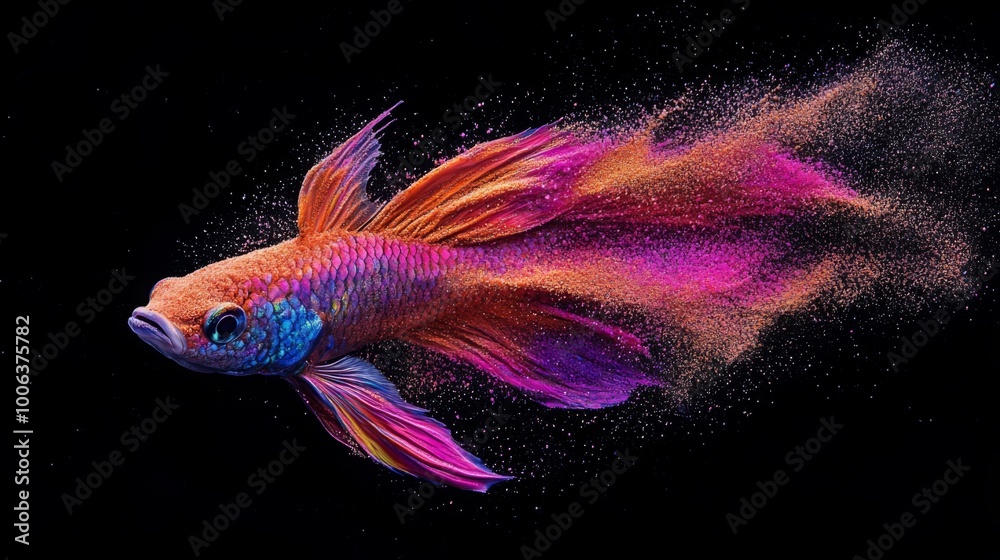 Poster A vibrant fish swims through a dark background, with colorful trails of particles creating a dynamic, fluid motion effect.