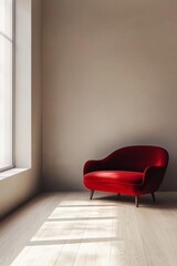 A minimalist room with pale grey walls and light wooden flooring, with a single, bright red sofa against one wall, contrasting sharply with the neutral tones. -
