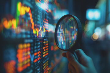 Fototapeta premium Stock market compliance audit close-up focus on bright tones thorough inspection.