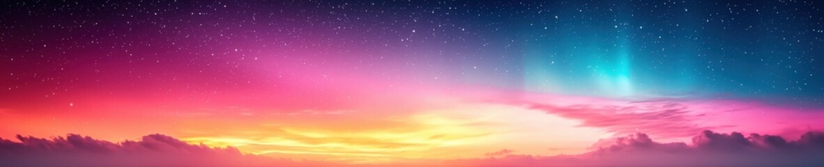 A captivating landscape showcasing a vibrant sunset and starry sky, with stunning colors blending at the horizon, creating a tranquil, atmospheric scene.