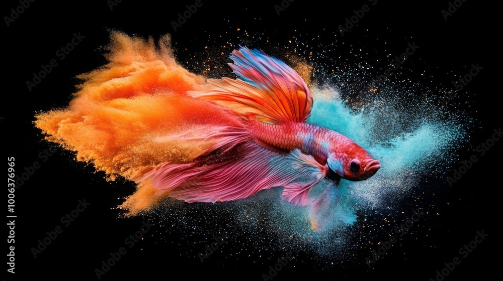 Aufkleber a vibrant fish splashes through colorful powder, creating a dynamic and artistic representation of m