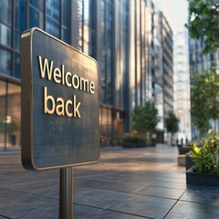 Welcome back to the office on a city-center sign in front of a modern office building. Back to office concept, back to work, remote work