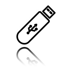Usb flash drive simple icon vector. Flat design. Black icon with mirror reflection. White background