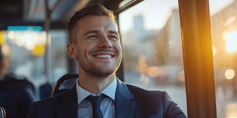 Naklejka premium Happy young businessman smiling while traveling by bus