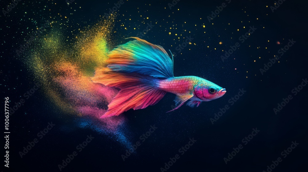 Poster a vibrant, colorful fish swims gracefully through a dark backdrop, surrounded by a swirl of rainbow 