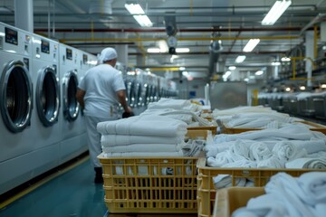 Cleaners work inside a commercial laundry. Industrial washing machines