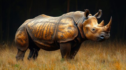 A majestic rhinoceros stands in a grassy landscape.