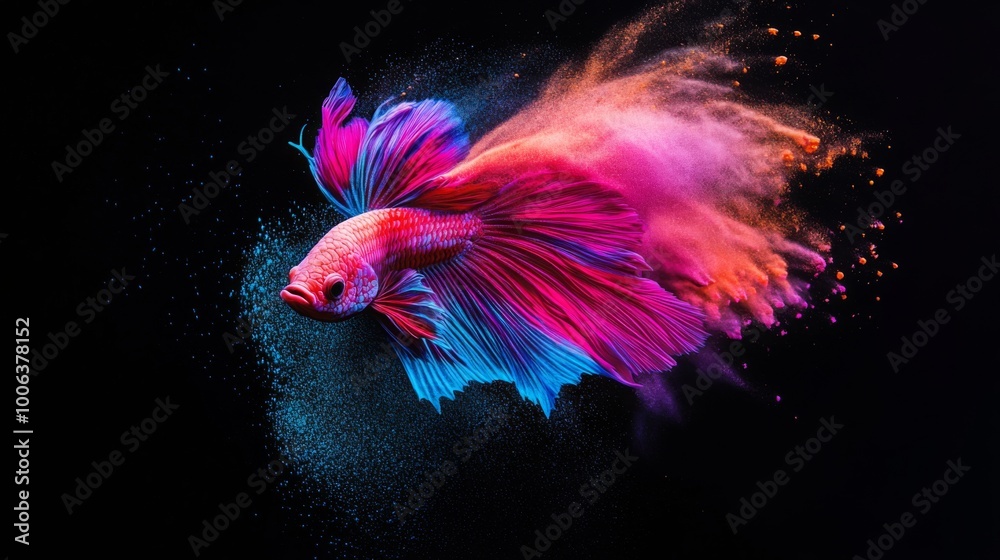 Poster A vibrant fish swims through a dark background, surrounded by colorful swirls of paint-like splashes, creating a stunning visual display.