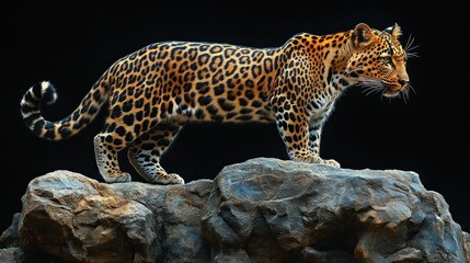 A detailed sculpture of a leopard poised on rocky terrain.