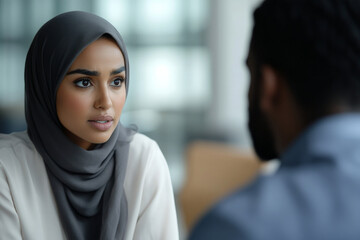 A close up view of an Arabian woman and a Black man in an interview setting, their expressions revealing engagement and curiosity. The blurred background highlights the importance of their discussion
