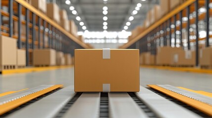 Automated logistics center with packages on the move, high-tech packaging systems, spacious and organized, bright lighting and a clear, professional setting