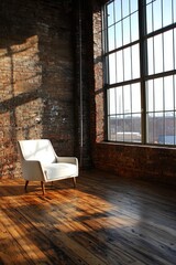 A modern loft with exposed brick walls and large, industrial-style windows, with a simple, white chair placed at an angle, bathed in early morning light. 